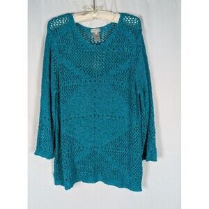 Multiples XL Teal Turquoise Open Knit Sweater Coastal Grandmother Mermaidcore